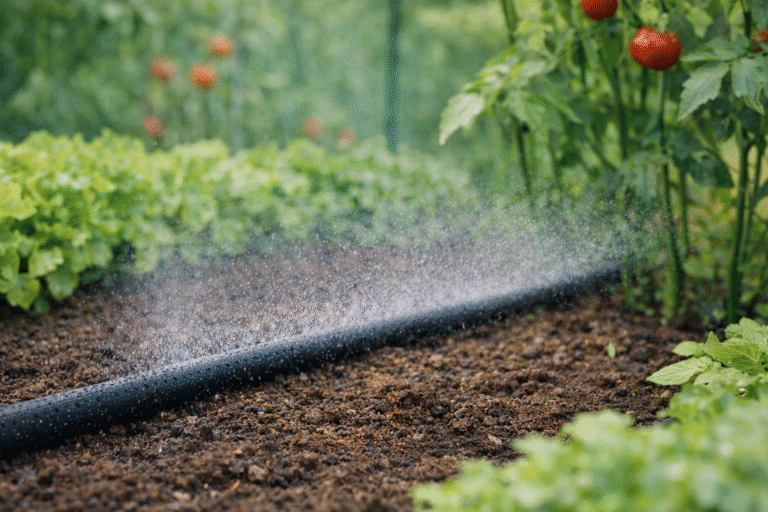 Sprinkler irrigation system watering soil near tomato plants and leafy greens